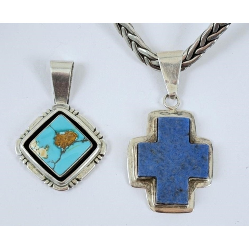 Navajo Sterling Silver Jewelry Lot Lapis Turquoise Cross Cuff Ring Set Earring - Picture 3 of 8